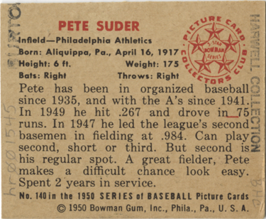  1950 Bowman # 140 Pete Suder Philadelphia Athletics