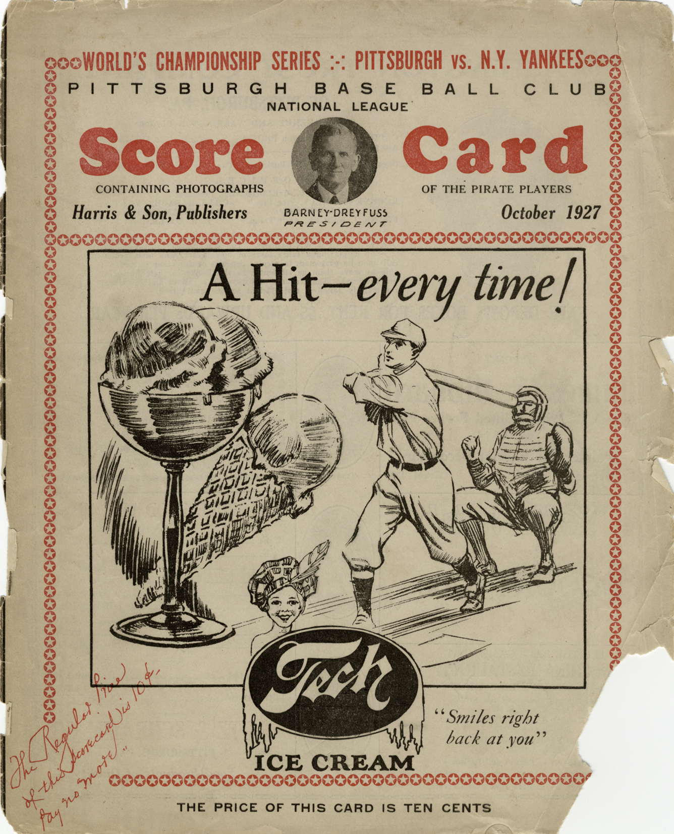 1927 World Series score card highlighting the Pittsburgh Pirates