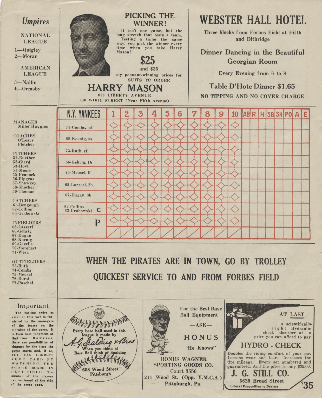 1927 World Series score card highlighting the Pittsburgh Pirates