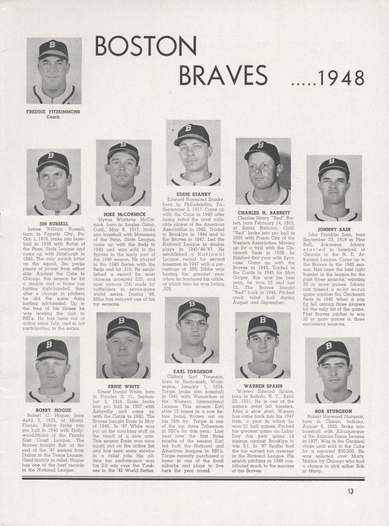 Boston Braves Baseball Team of 1948 , Baseball players, Boston