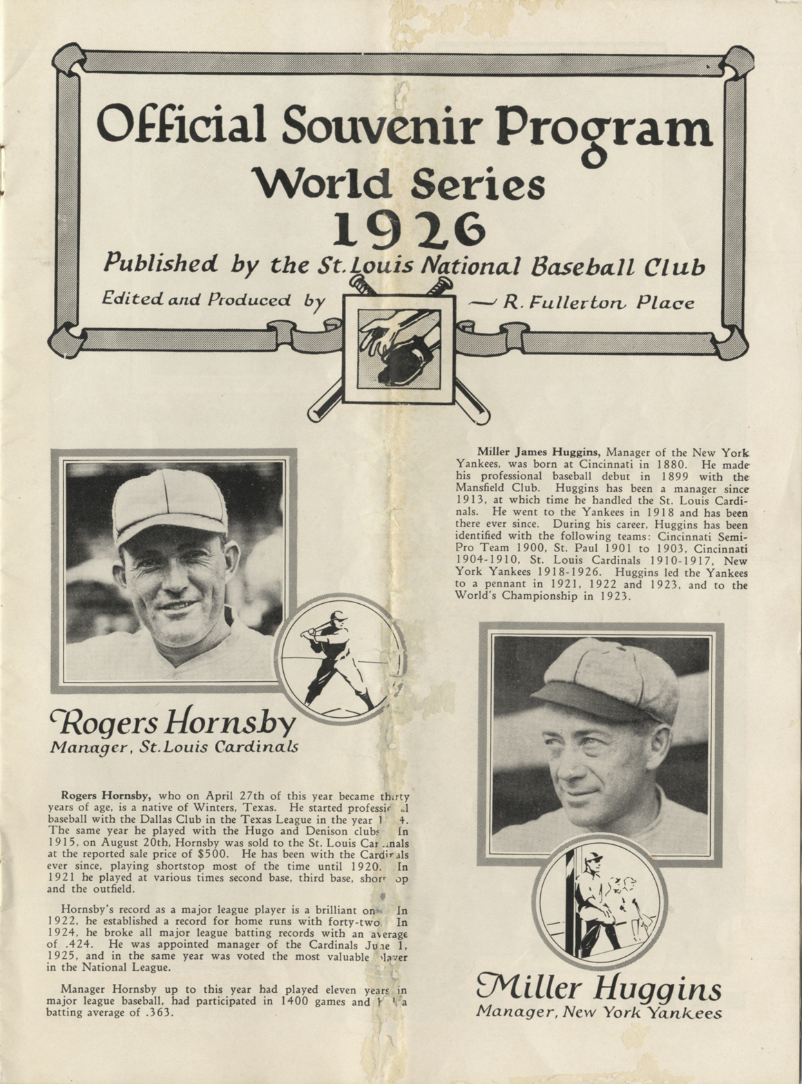 1926 World Series New York Yankees Vs. St. Louis Cardinals Program