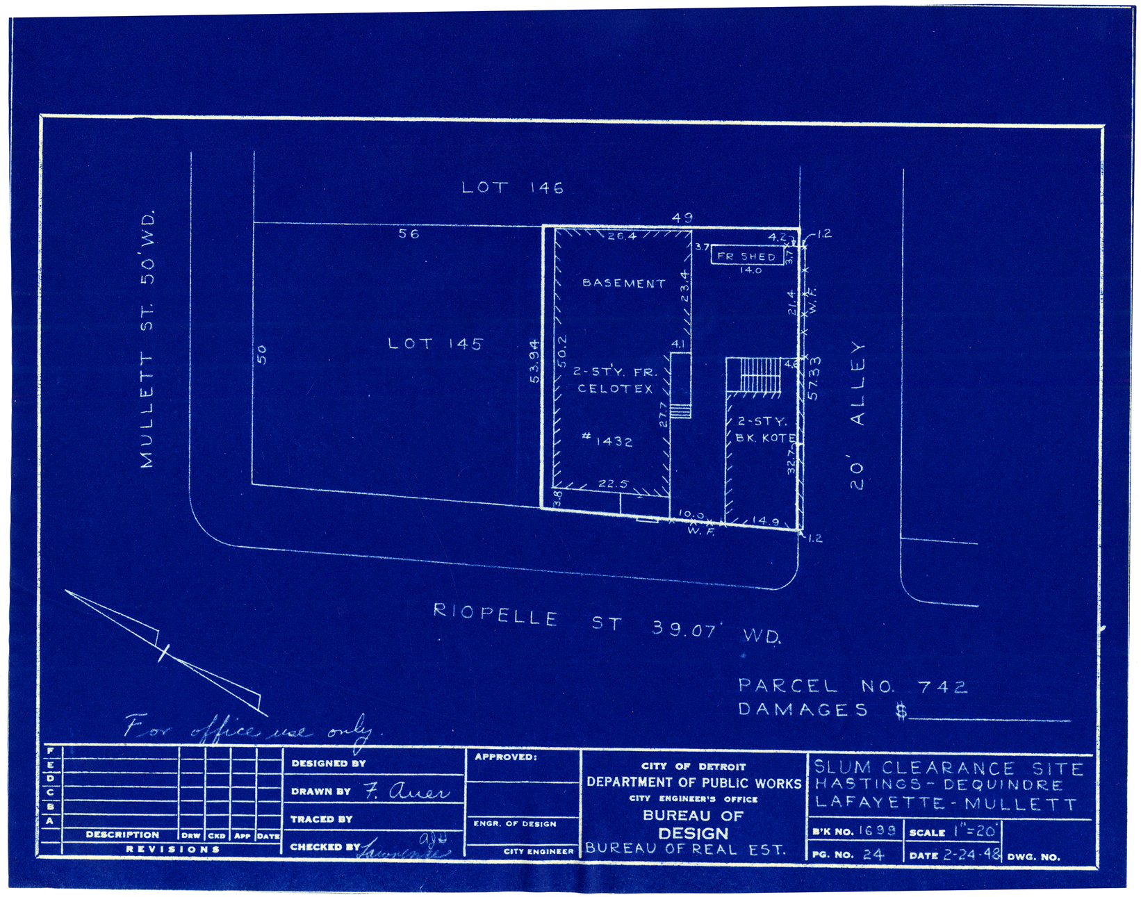Plot plan for property on the corner of Mullett and Riopelle