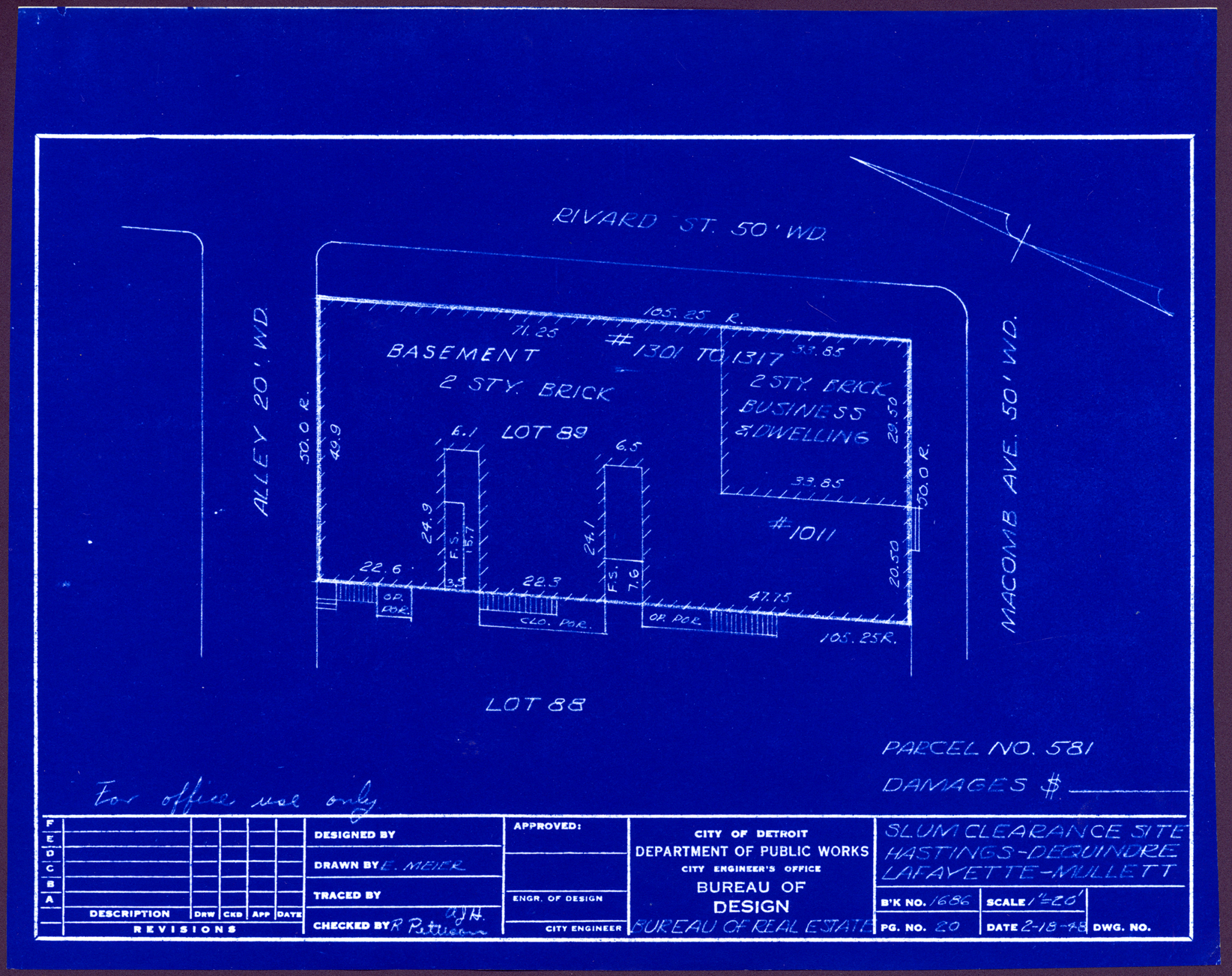 Plot plan for property on the corner of Macomb and Rivard