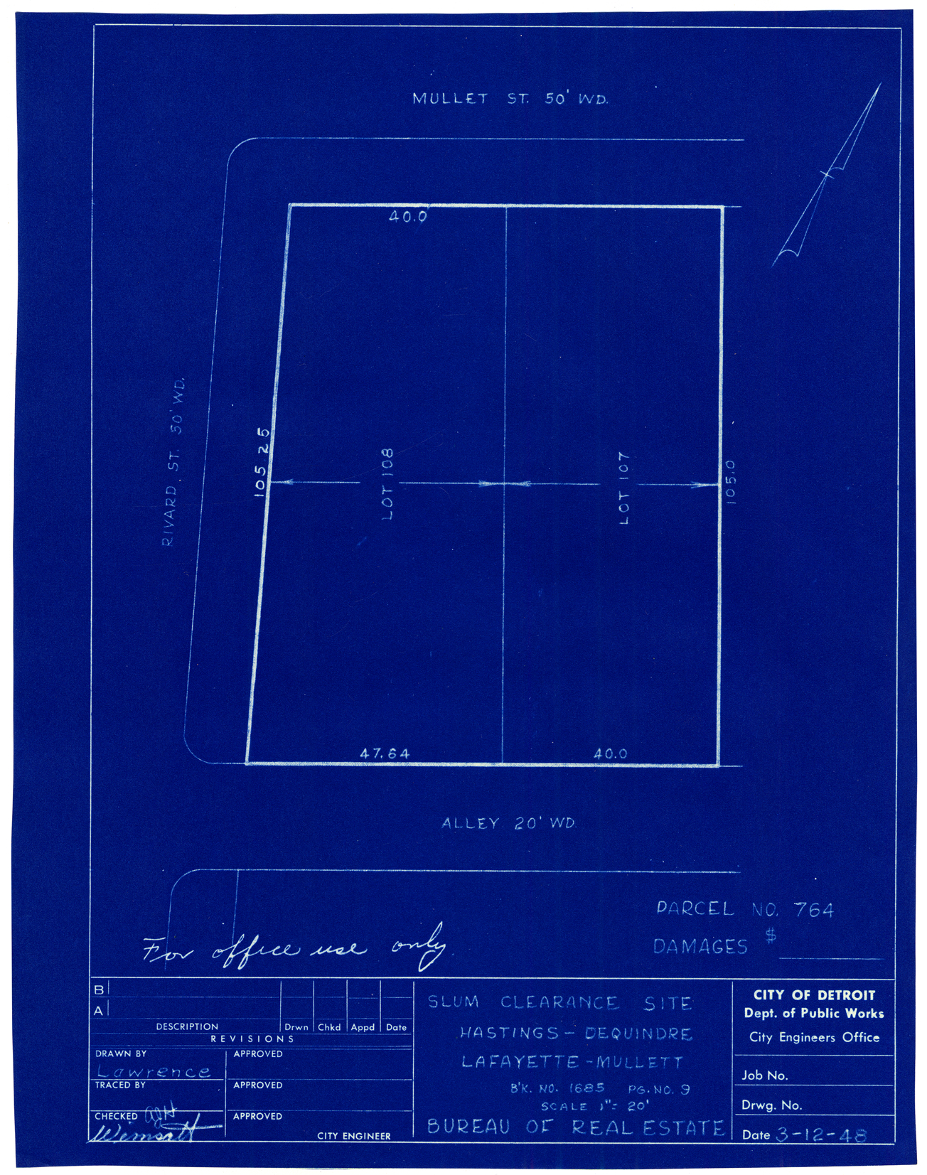 Plot plan for property on the corner of Mullett and Rivard