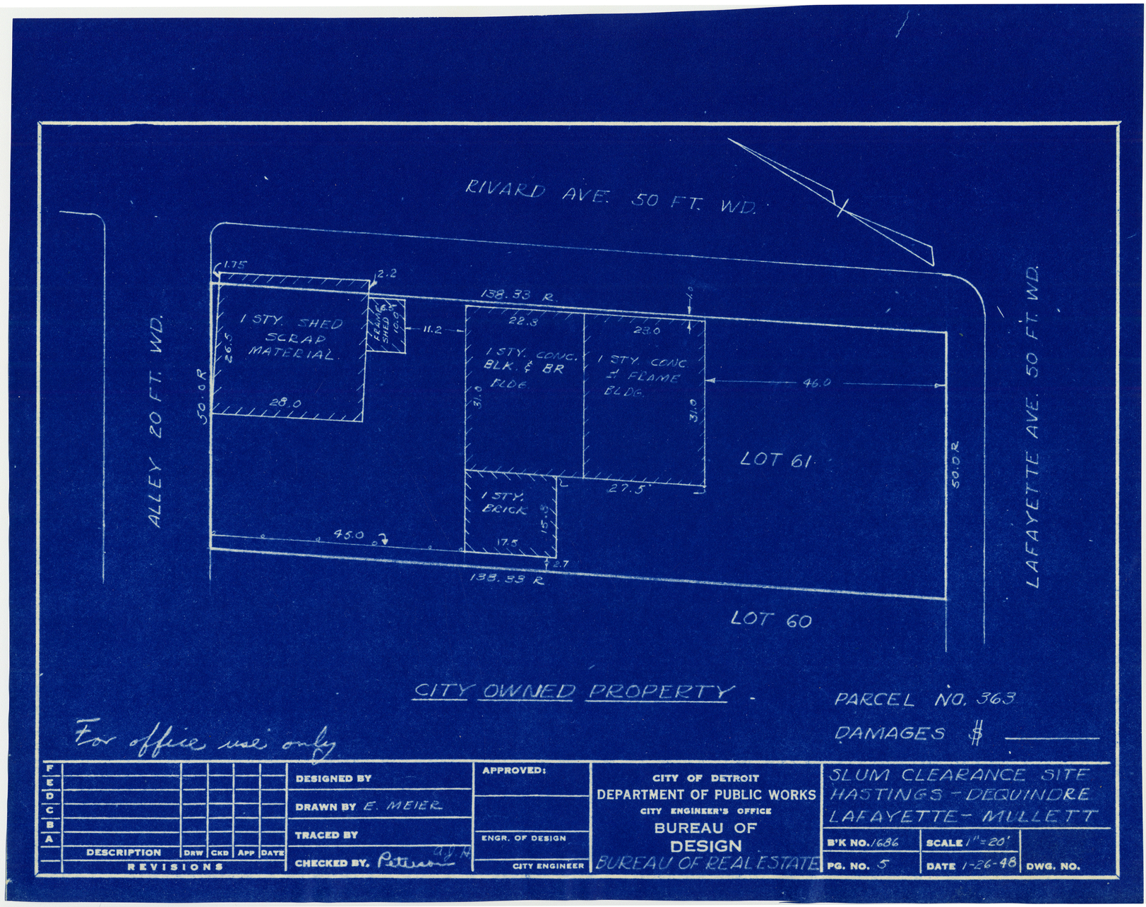 Plot plan for property on the corner of Lafayette and Rivard