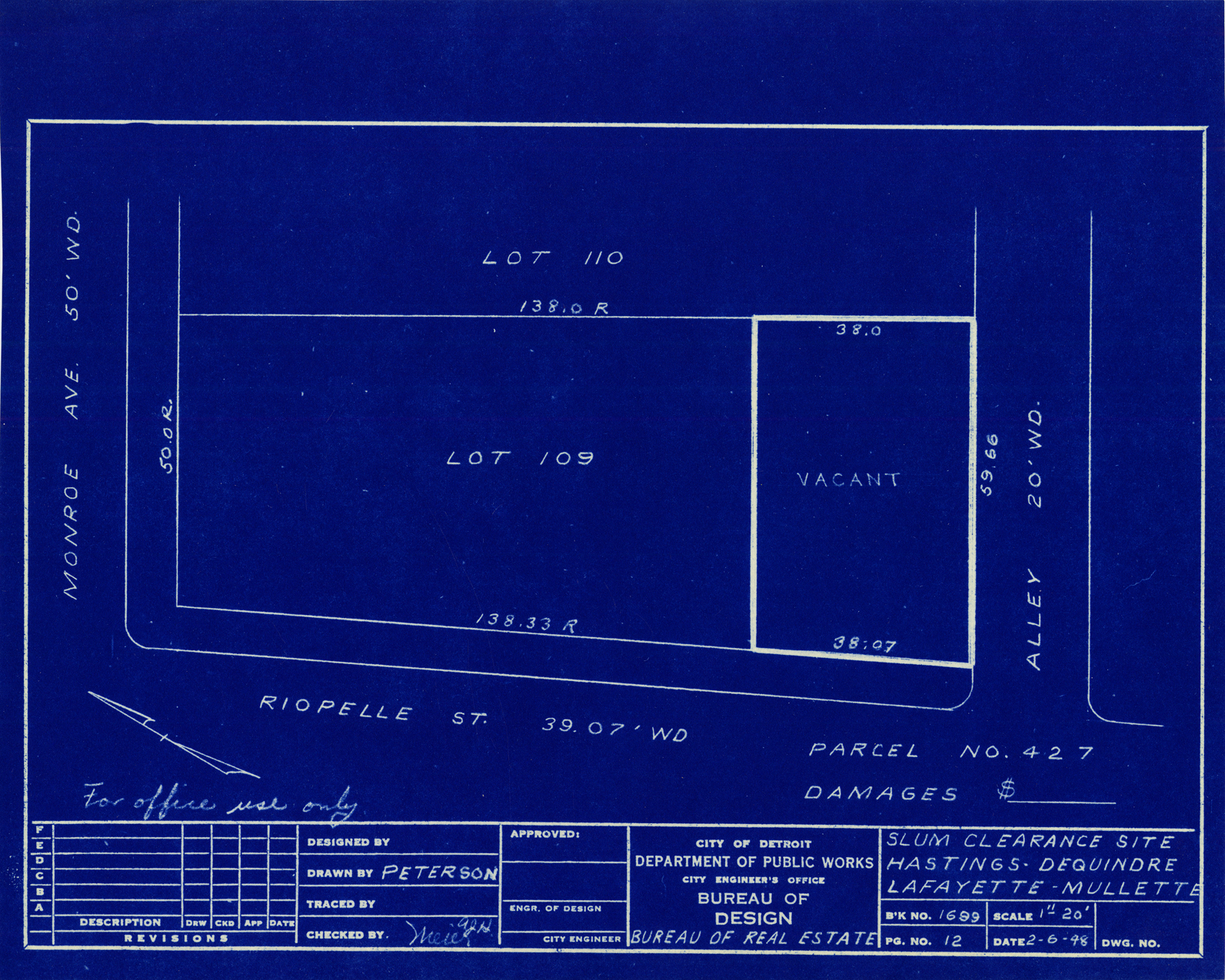 Plot plan for property on the corner of Monroe and Riopelle