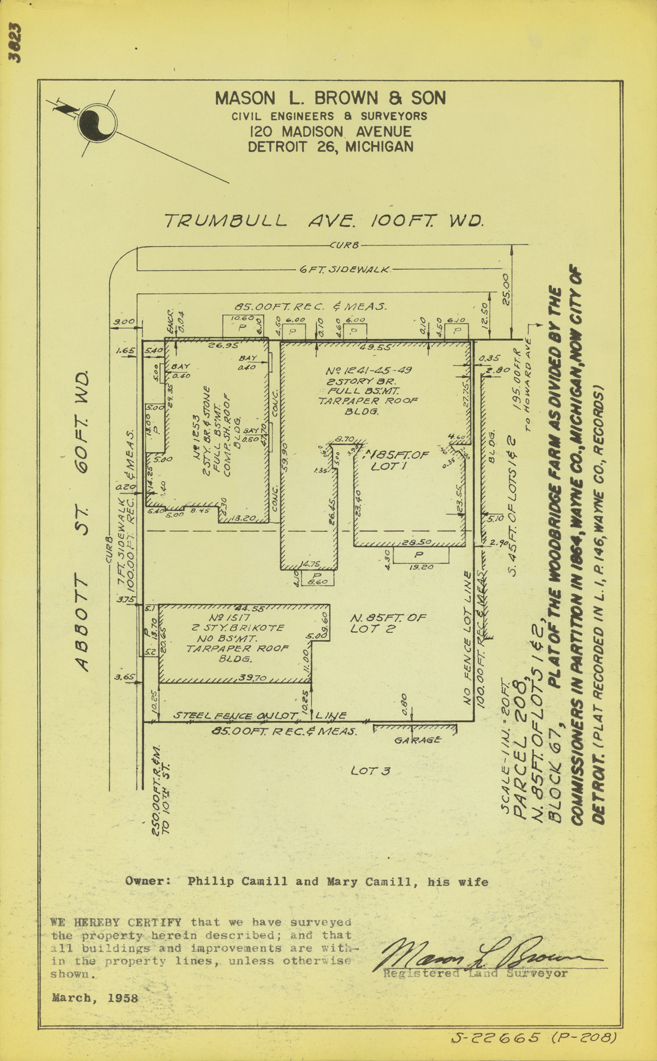 Plat map for property on the corner of Abbott and Trumbull