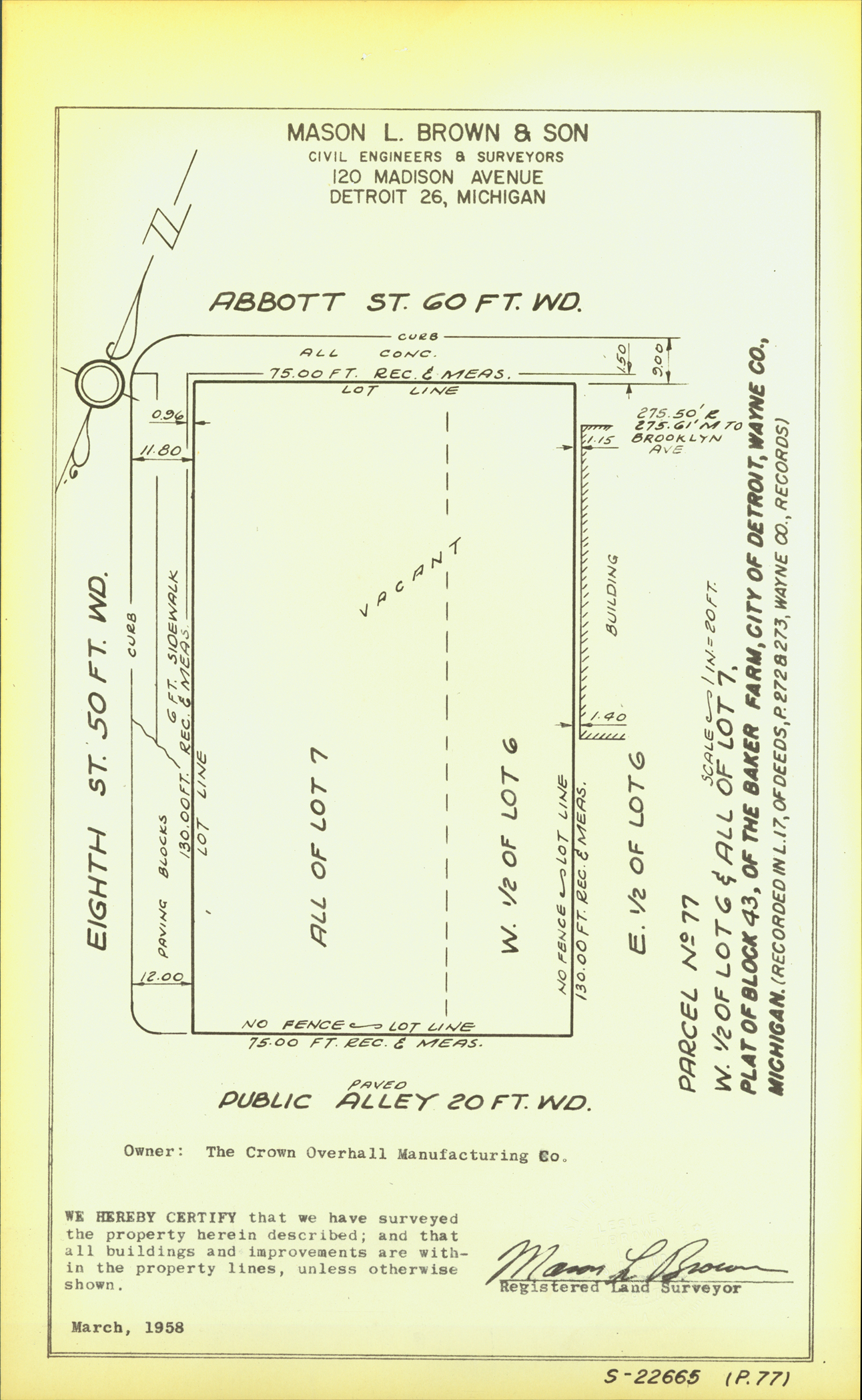 Plat map for property on the corner of Abbott and 8th Street