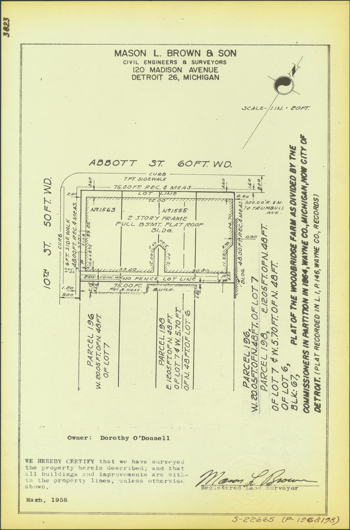 Plat map for property on the corner of Abbott and 10th Street
