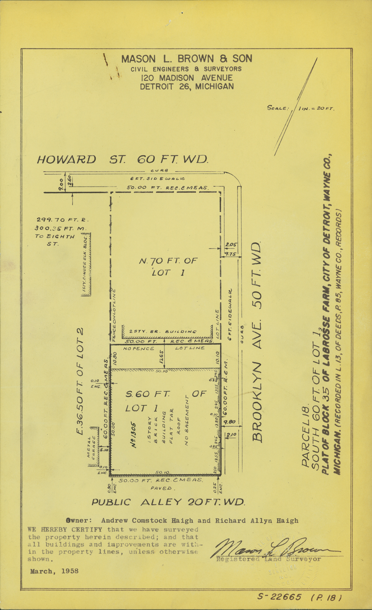Plat map for property on the corner of Howard and Brooklyn
