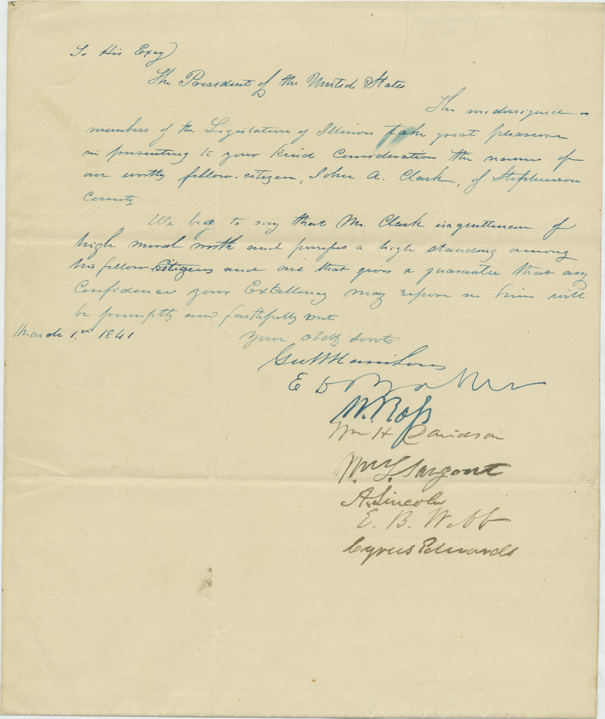 Petition to John Tyler on behalf of John A. Clark