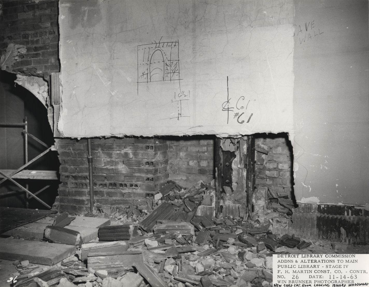 Card catalog room wall in Main Library during construction