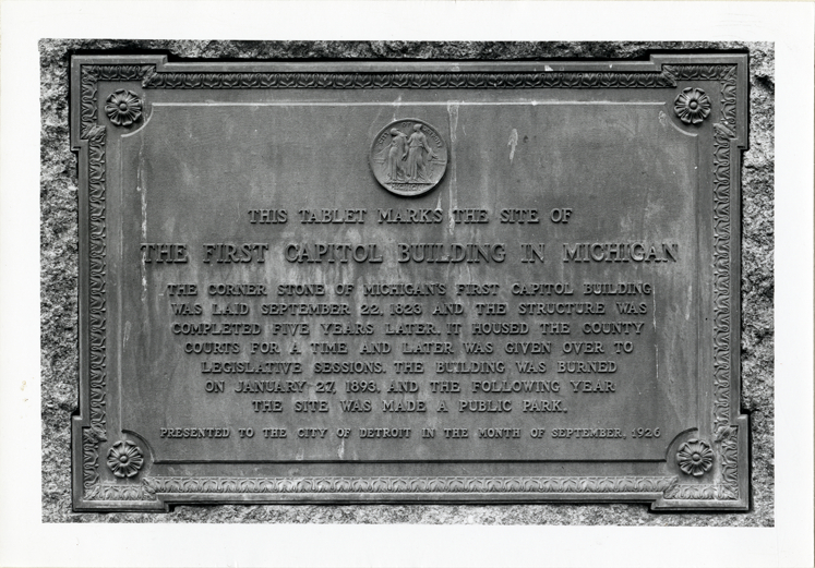 Plaque marking site of first Capitol Building in Michigan
