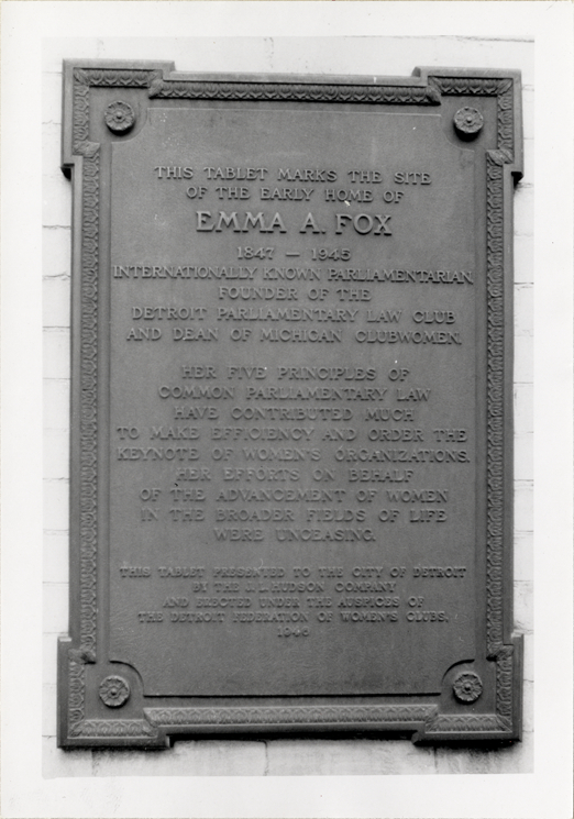 Plaque marking site of the home of Emma A. Fox