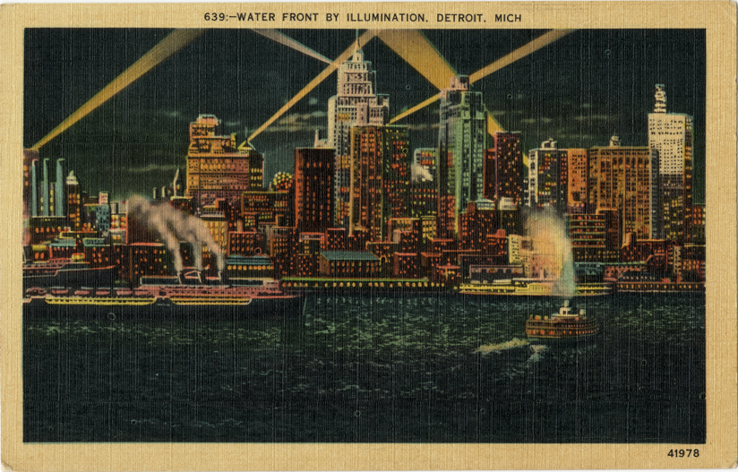 Detroit waterfront at night