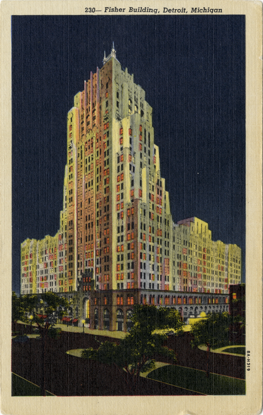 Fisher building at night