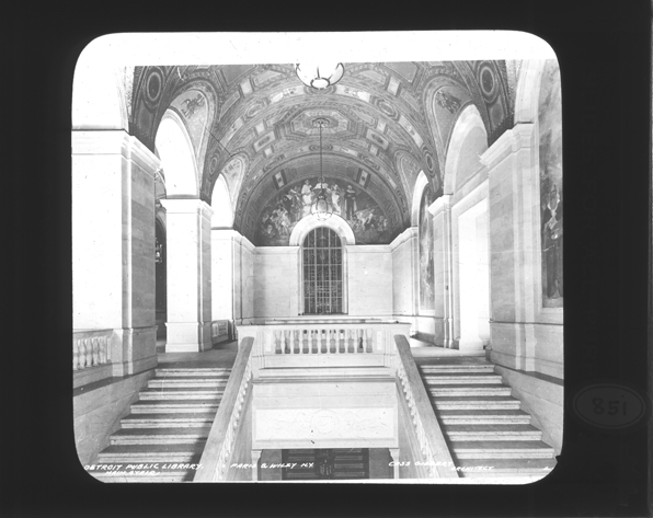 Grand staircase murals at Detroit Public Library