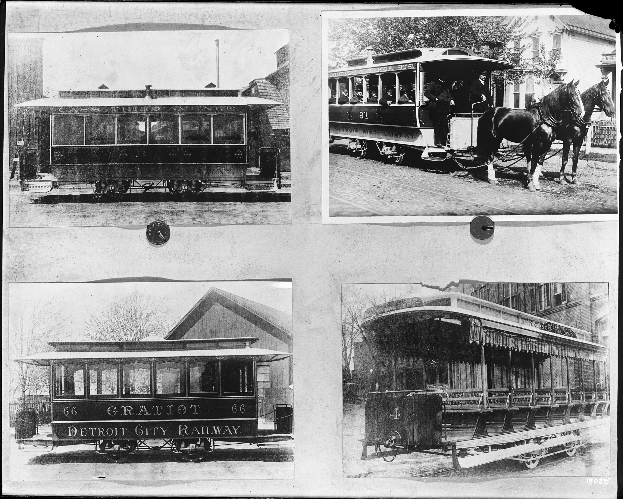 Four photographs of streetcars