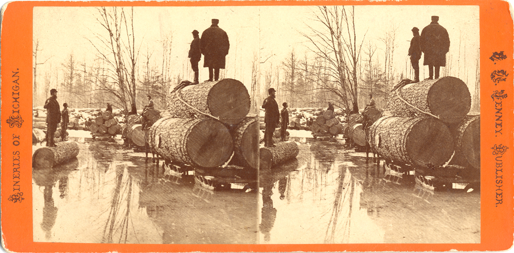 Men standing on log pile