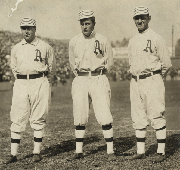 Bris Lord, Rube Oldring and Danny Murphy of the Philadelphia Athletics,  1911 World Series - Digital Commonwealth