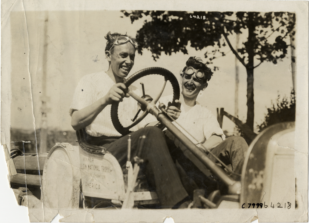 Ralph Mulford and passenger in racecar