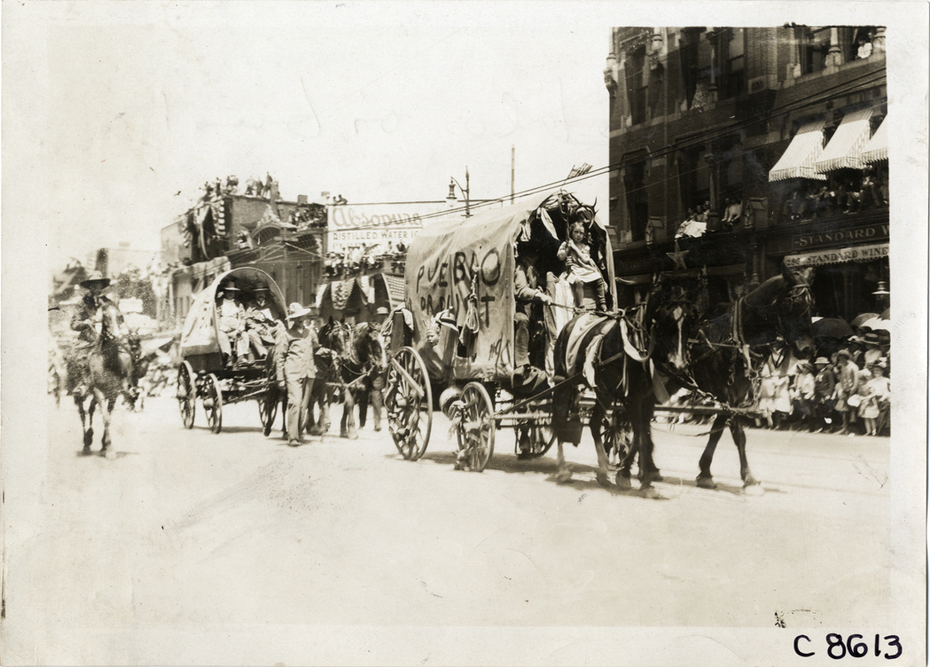 Covered wagons in parade, Elks Club convention, Detroit, Michigan
