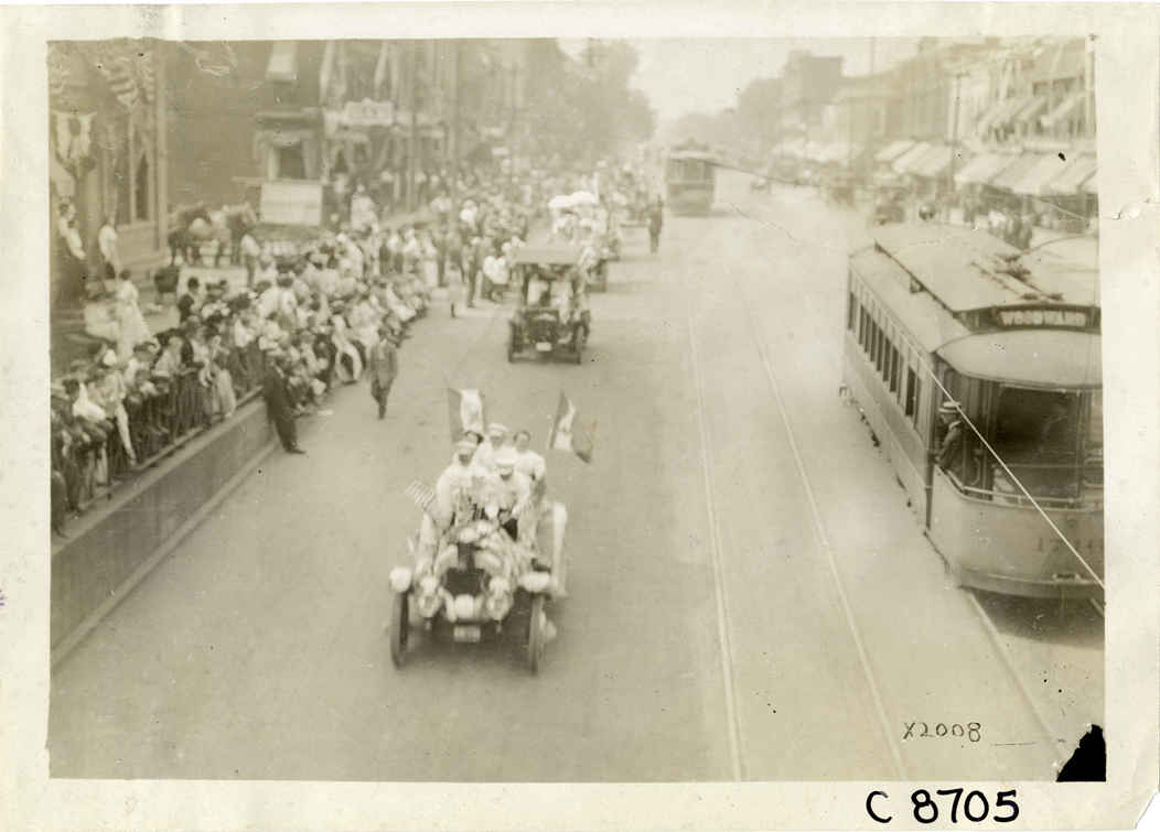 Automobiles in parade, Elks Club convention, Detroit, Michigan