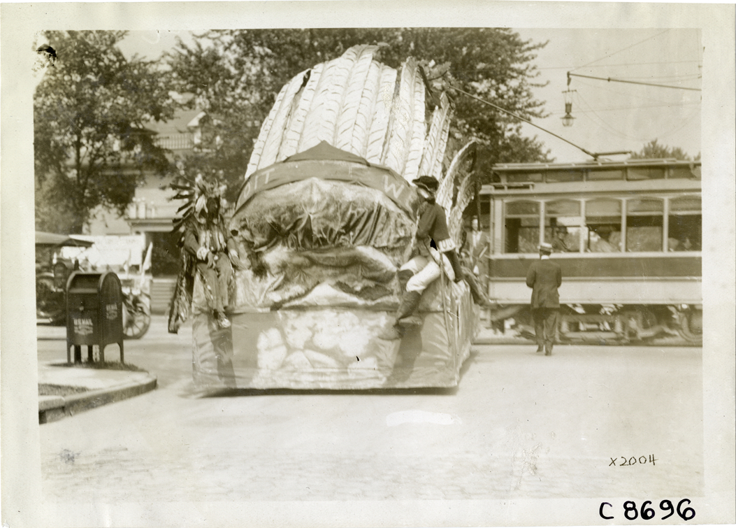 Parade float of Native American headdress, Elks Club convention, Detroit, Michigan