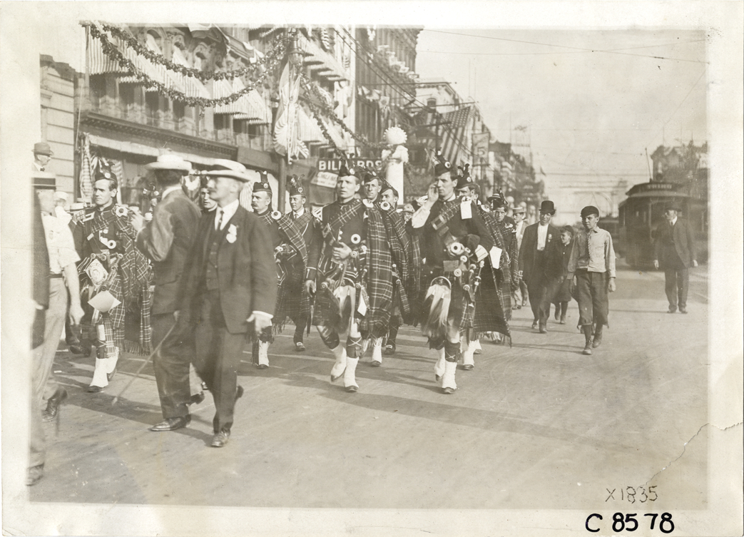 Bagpipers marching in parade, Elks Club convention, Detroit, Michigan