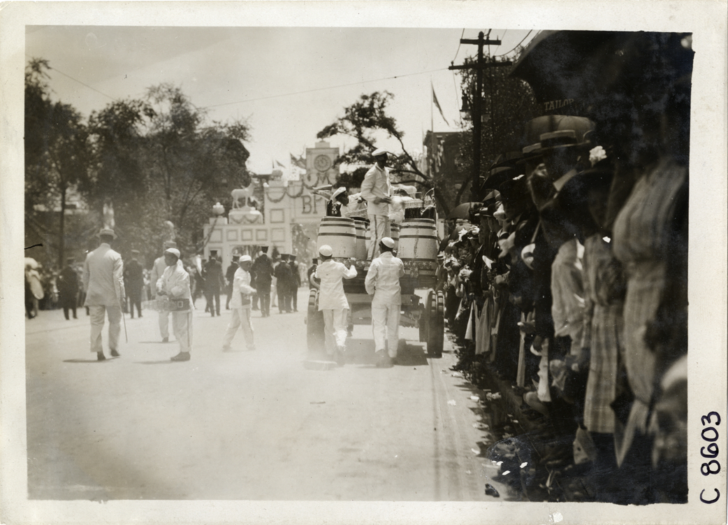 Men with wagon carrying barrels, Elks Club convention, Detroit, Michigan