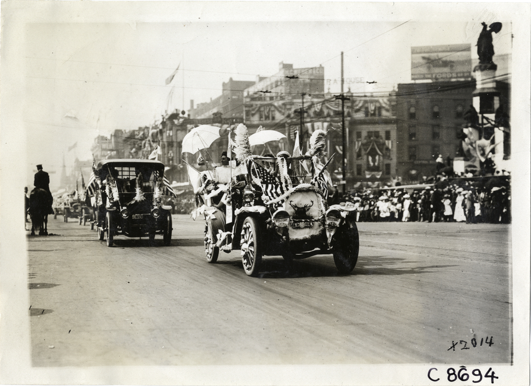 Automobiles in parade, Elks Club convention, Detroit, Michigan