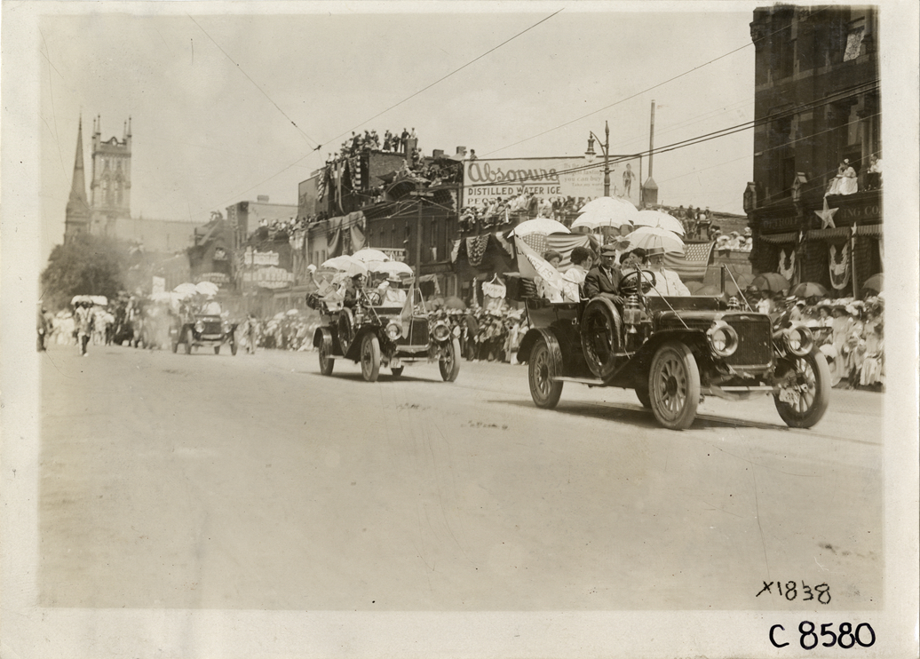Automobiles in parade, Elks Club convention, Detroit, Michigan