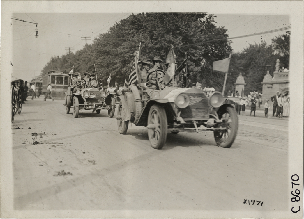 Automobiles in parade, Elks Club convention, Detroit, Michigan