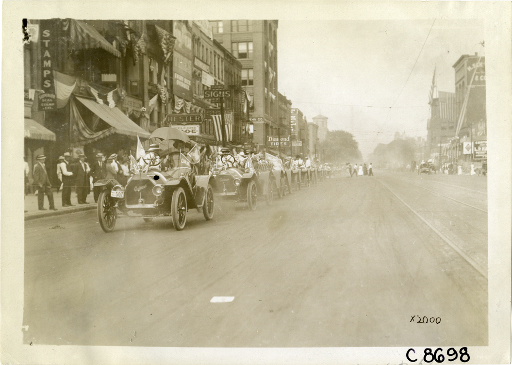 Automobiles in parade, Elks Club convention, Detroit, Michigan