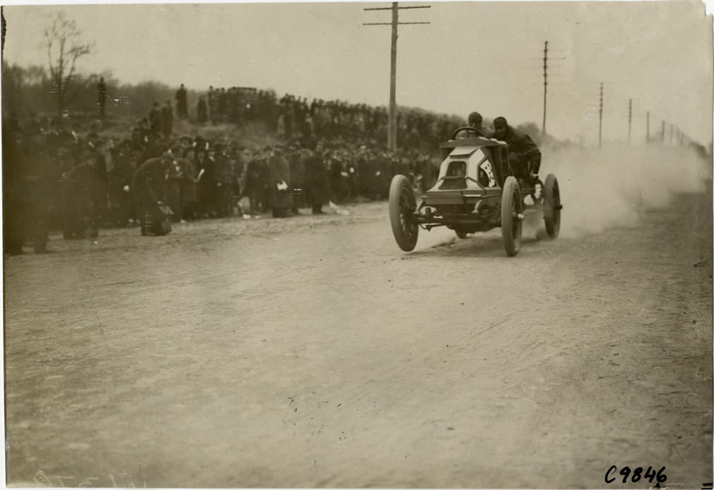 Basle driving Renault racecar, 1909 Fort George Hill Climb