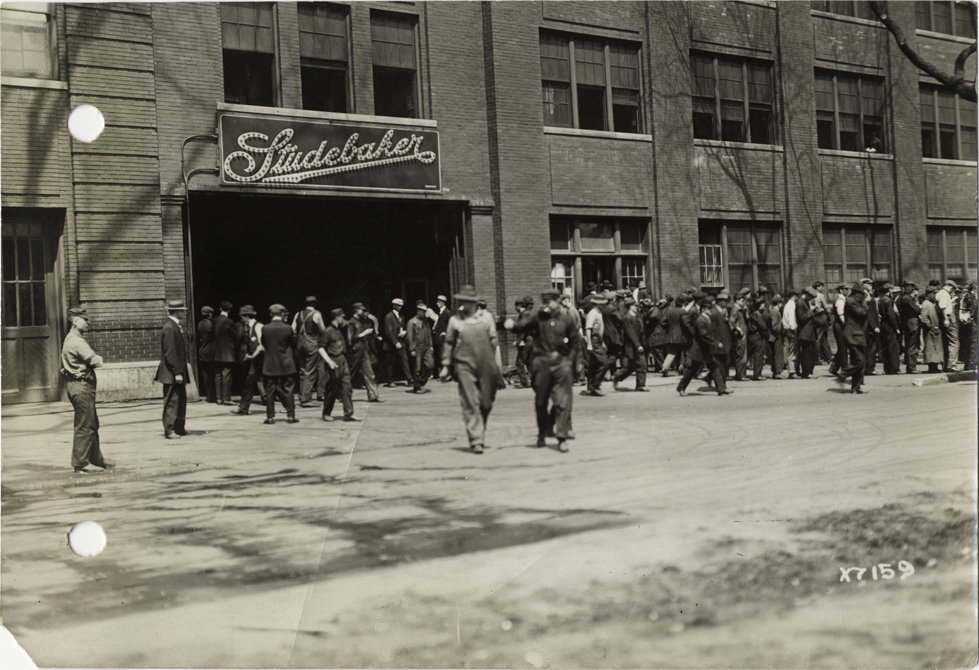 Workers leaving Studebaker factory