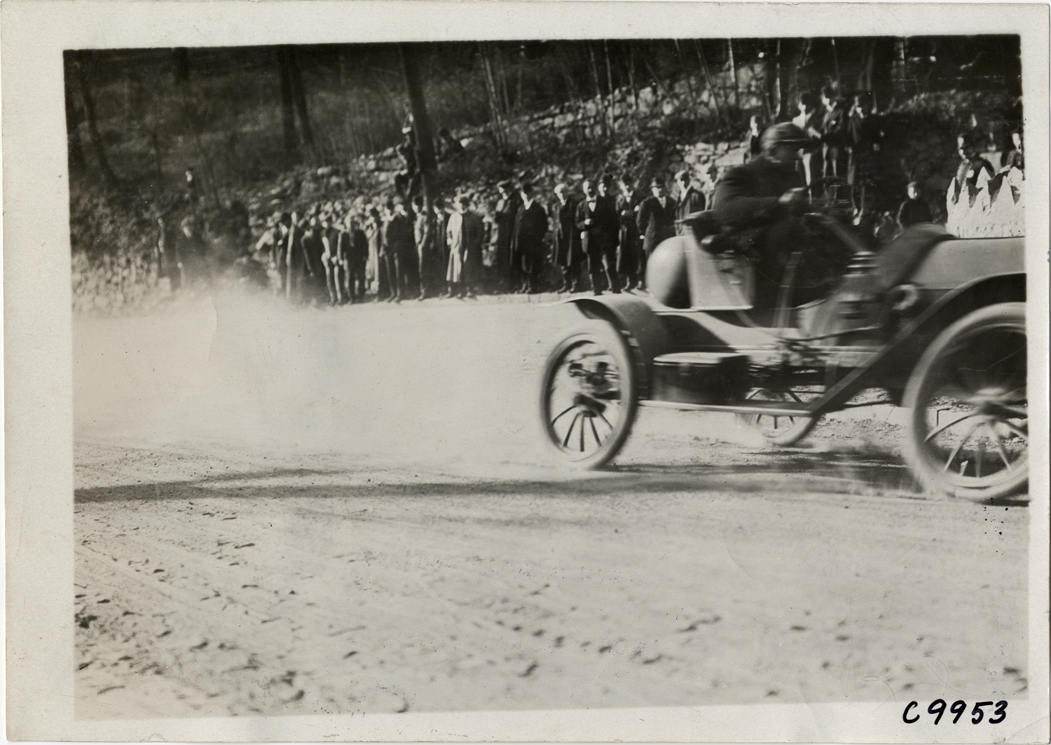 Driver in racecar, 1909 Edgewater-Fort Lee Hill Climb