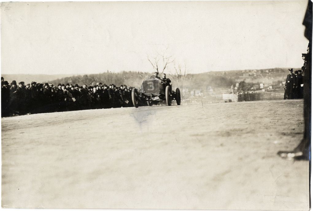 J.W. Swan driving Corbin racecar, 1908 Fort George Hill Climb