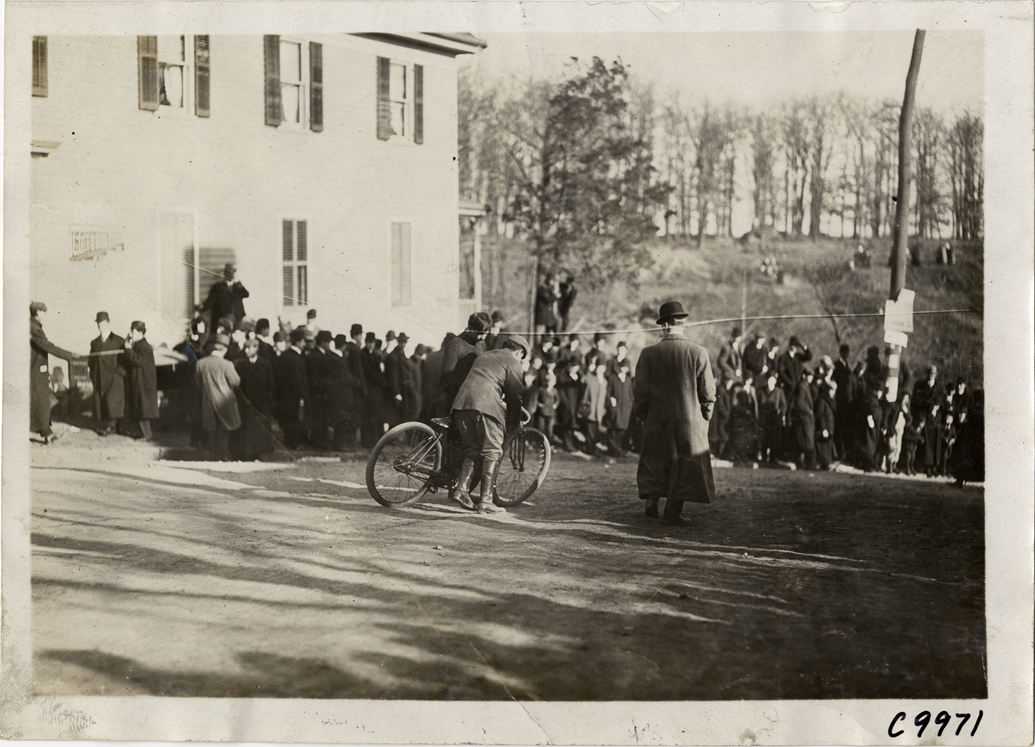Men with motorcycle, 1909 Edgewater-Fort Lee Hill Climb