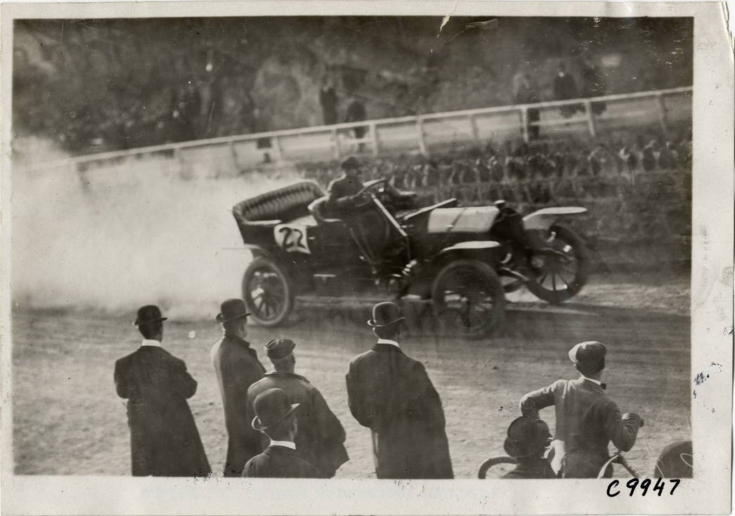 Driver in racecar, 1909 Edgewater-Fort Lee Hill Climb