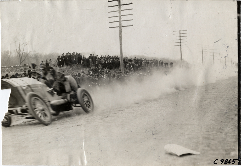 Brown driving Benz racecar, 1909 Fort George Hill Climb