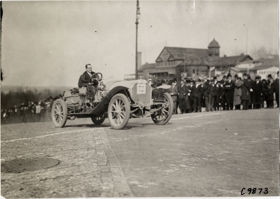 W.J. Fickling driving Stearns racecar, 1909 Fort George Hill Climb