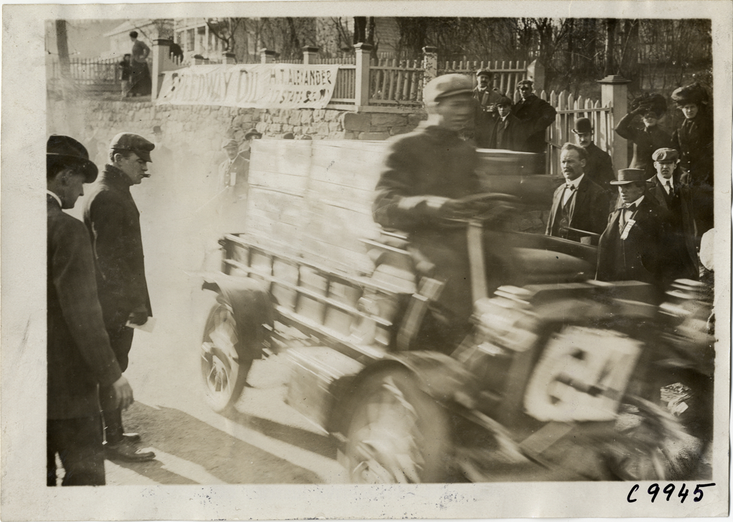 Driver in truck, 1909 Edgewater-Fort Lee Hill Climb