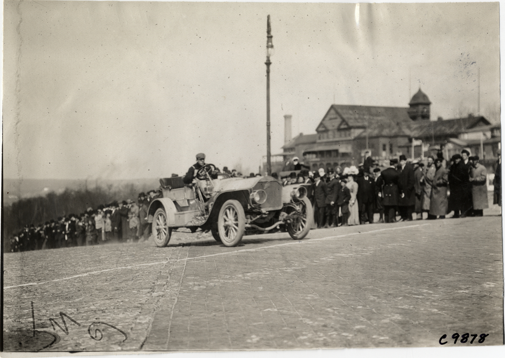 Bourque driving Knox racecar, 1909 Fort George Hill Climb