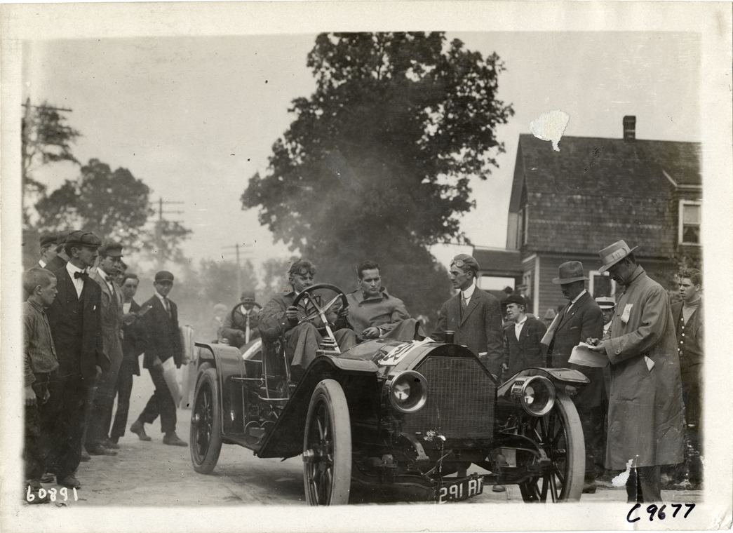 Driver and passenger in racecar, 1910 Dead Horse Hill Climb