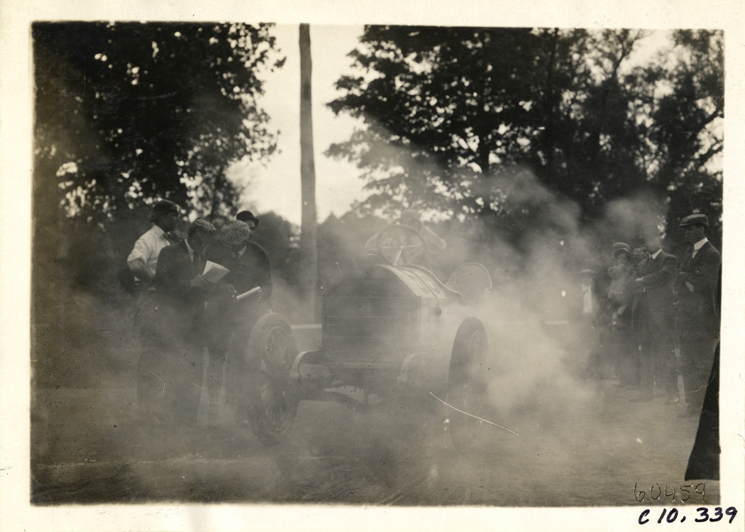 Driver in racecar, 1910 White Plains Hill Climb