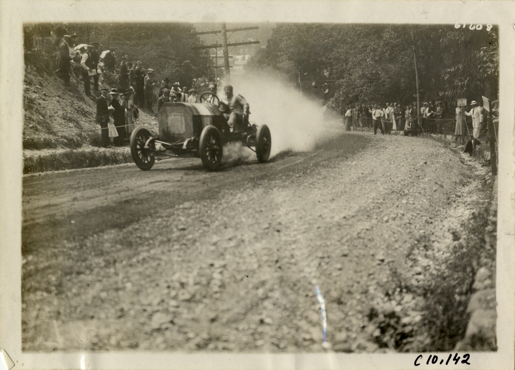 Driver in racecar, 1910 Port Jefferson Hill Climb