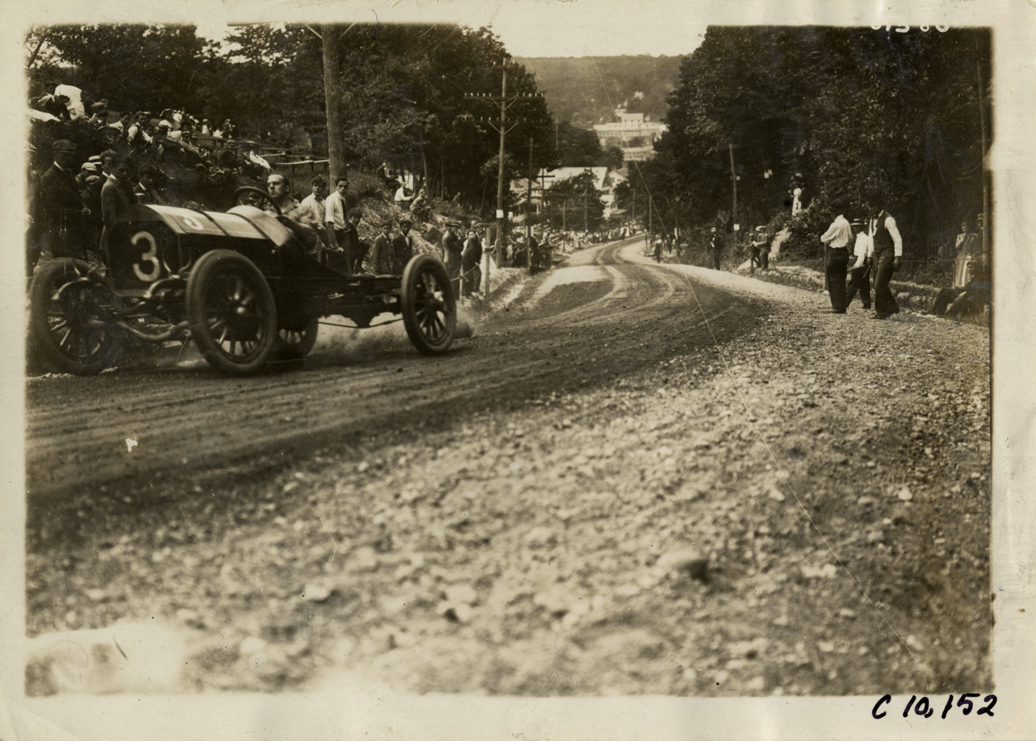 Driver in racecar, 1910 Port Jefferson Hill Climb