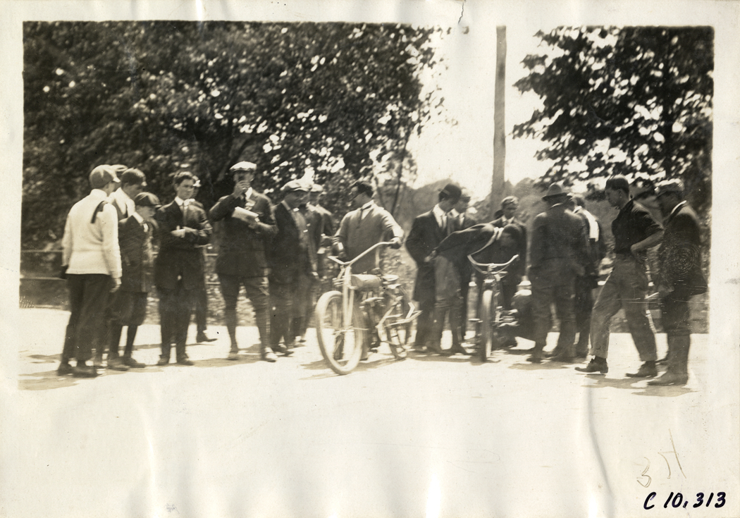 Group of men standing with motorcyclists, 1910 White Plains Hill Climb
