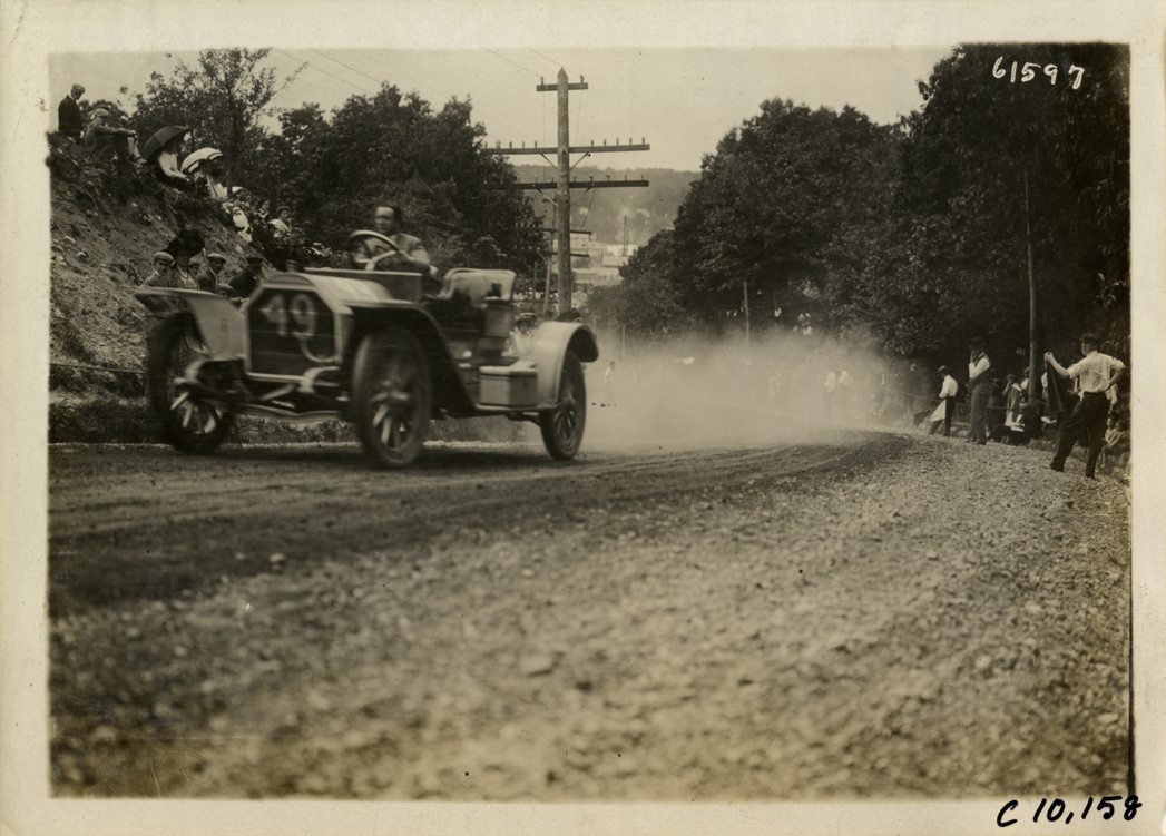 Driver in racecar, 1910 Port Jefferson Hill Climb